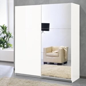 Abby Mirrored Wooden Sliding Wardrobe In White