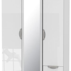 Camden White Gloss 3 Door Tall Combi Wardrobe - 1 Mirror and RHF 2 Drawers