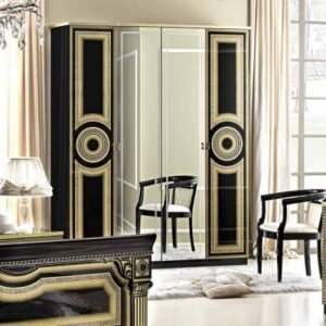 Camel Aida Black and Gold Italian 4 Door Wardrobe with Mirrors