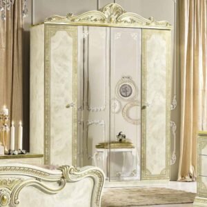 Camel Leonardo Italian Ivory Gloss and Gold 4 Door Wardrobe with Mirrors