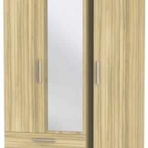 Contrast Modern Oak 3 Door Tall Combi Wardrobe - 1 Mirror and LHF 2 Drawers