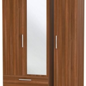 Contrast Noche Walnut 3 Door Tall Combi Wardrobe - 1 Mirror and LHF 2 Drawers