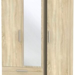 Contrast Oak Effect 3 Door Tall Combi Wardrobe - 1 Mirror and LHF 2 Drawers