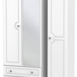 Crystal White 3 Door Tall Combi Wardrobe - 1 Mirror and LHF 2 Drawers