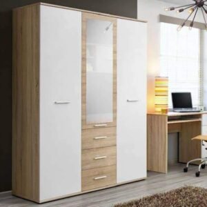 Dania Wooden Wardrobe With 3 Doors In Matt White And Oak