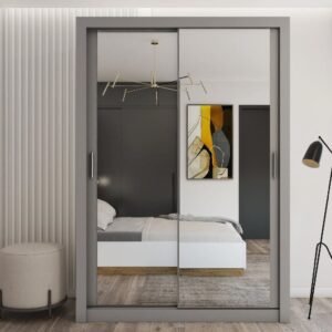 Ionia Wooden Wardrobe 150cm With 2 Sliding Doors In Grey