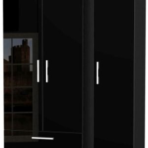 Knightsbridge Black Gloss 3 Door Tall Triple Wardrobe - LHF 2 Drawers