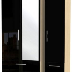 Knightsbridge Black Gloss and Light Oak 3 Door Combi Wardrobe - 1 Mirror