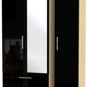 Knightsbridge Black Gloss and Light Oak 3 Door Combi Wardrobe - 1 Mirror and LHF 2 Drawers