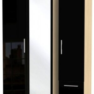 Knightsbridge Black Gloss and Light Oak 3 Door Combi Wardrobe - 1 Mirror and RHF 2 Drawers