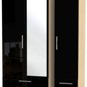 Knightsbridge Black Gloss and Light Oak 3 Door Tall Combi Wardrobe - 1 Mirror