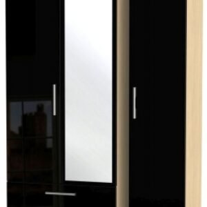 Knightsbridge Black Gloss and Light Oak 3 Door Tall Combi Wardrobe - 1 Mirror and LHF 2 Drawers