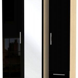 Knightsbridge Black Gloss and Light Oak 3 Door Tall Combi Wardrobe - 1 Mirror and RHF 2 Drawers