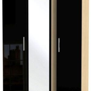 Knightsbridge Black Gloss and Light Oak 3 Door Tall Triple Wardrobe - 1 Mirror