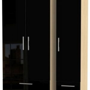 Knightsbridge Black Gloss and Light Oak 3 Door Tall Triple Wardrobe - 4 Drawers