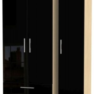 Knightsbridge Black Gloss and Light Oak 3 Door Tall Triple Wardrobe - LHF 2 Drawers