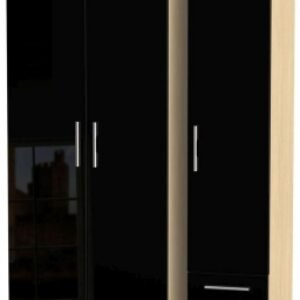 Knightsbridge Black Gloss and Light Oak 3 Door Tall Triple Wardrobe - RHF 2 Drawers