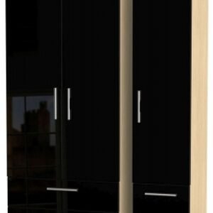 Knightsbridge Black Gloss and Light Oak 3 Door Triple Wardrobe - 4 Drawers