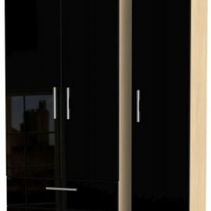 Knightsbridge Black Gloss and Light Oak 3 Door Triple Wardrobe - LHF 2 Drawers