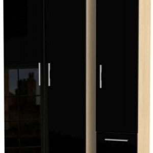 Knightsbridge Black Gloss and Light Oak 3 Door Triple Wardrobe - RHF 2 Drawers