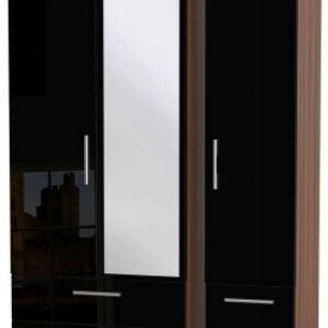 Knightsbridge Black Gloss and Walnut Effect 3 Door Combi Wardrobe - 1 Mirror