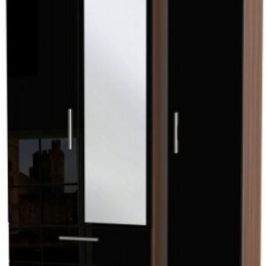 Knightsbridge Black Gloss and Walnut Effect 3 Door Combi Wardrobe - 1 Mirror and LHF 2 Drawers