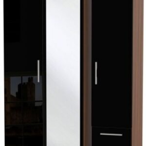 Knightsbridge Black Gloss and Walnut Effect 3 Door Combi Wardrobe - 1 Mirror and RHF 2 Drawers