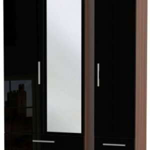 Knightsbridge Black Gloss and Walnut Effect 3 Door Tall Combi Wardrobe - 1 Mirror