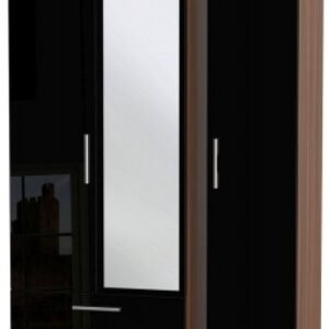 Knightsbridge Black Gloss and Walnut Effect 3 Door Tall Combi Wardrobe - 1 Mirror and LHF 2 Drawers