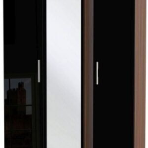 Knightsbridge Black Gloss and Walnut Effect 3 Door Tall Triple Wardrobe - 1 Mirror