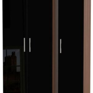 Knightsbridge Black Gloss and Walnut Effect 3 Door Tall Triple Wardrobe