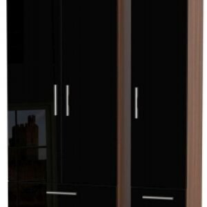 Knightsbridge Black Gloss and Walnut Effect 3 Door Tall Triple Wardrobe - 4 Drawers