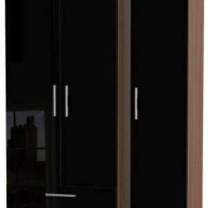 Knightsbridge Black Gloss and Walnut Effect 3 Door Tall Triple Wardrobe - LHF 2 Drawers