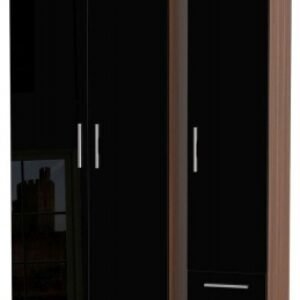 Knightsbridge Black Gloss and Walnut Effect 3 Door Tall Triple Wardrobe - RHF 2 Drawers