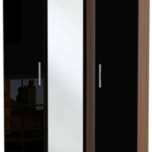 Knightsbridge Black Gloss and Walnut Effect 3 Door Triple Wardrobe - 1 Mirror