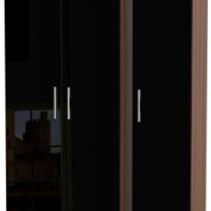 Knightsbridge Black Gloss and Walnut Effect 3 Door Triple Wardrobe