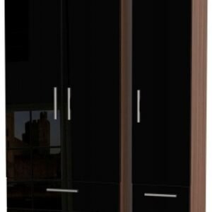 Knightsbridge Black Gloss and Walnut Effect 3 Door Triple Wardrobe - 4 Drawers