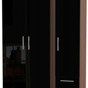 Knightsbridge Black Gloss and Walnut Effect 3 Door Triple Wardrobe - RHF 2 Drawers