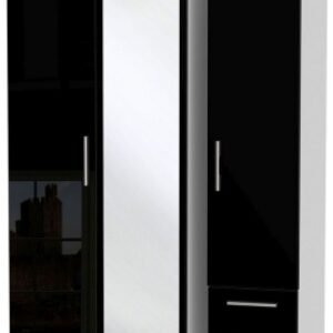 Knightsbridge Black Gloss and White 3 Door Combi Wardrobe - 1 Mirror and RHF 2 Drawers