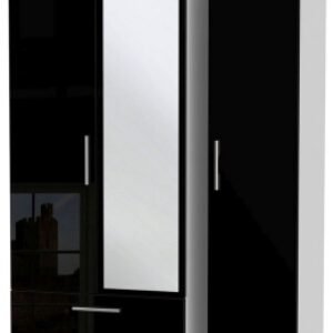 Knightsbridge Black Gloss and White 3 Door Tall Combi Wardrobe - 1 Mirror and LHF 2 Drawers