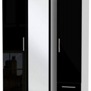 Knightsbridge Black Gloss and White 3 Door Tall Combi Wardrobe - 1 Mirror and RHF 2 Drawers