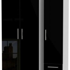 Knightsbridge Black Gloss and White 3 Door Tall Triple Wardrobe - RHF 2 Drawers