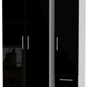 Knightsbridge Black Gloss and White 3 Door Triple Wardrobe - RHF 2 Drawers