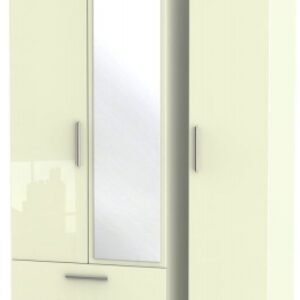 Knightsbridge Cream Gloss 3 Door Tall Combi Wardrobe - 1 Mirror and LHF 2 Drawers