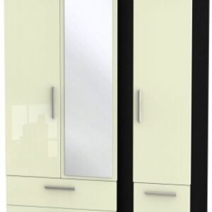 Knightsbridge Cream Gloss and Black 3 Door Combi Wardrobe - 1 Mirror