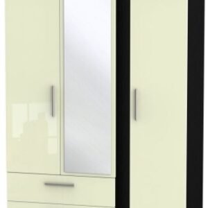 Knightsbridge Cream Gloss and Black 3 Door Combi Wardrobe - 1 Mirror and LHF 2 Drawers