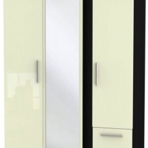 Knightsbridge Cream Gloss and Black 3 Door Combi Wardrobe - 1 Mirror and RHF 2 Drawers