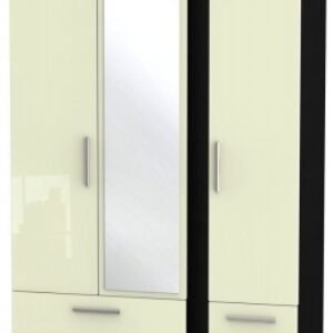 Knightsbridge Cream Gloss and Black 3 Door Tall Combi Wardrobe - 1 Mirror