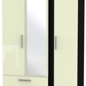 Knightsbridge Cream Gloss and Black 3 Door Tall Combi Wardrobe - 1 Mirror and LHF 2 Drawers