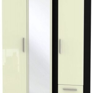 Knightsbridge Cream Gloss and Black 3 Door Tall Combi Wardrobe - 1 Mirror and RHF 2 Drawers